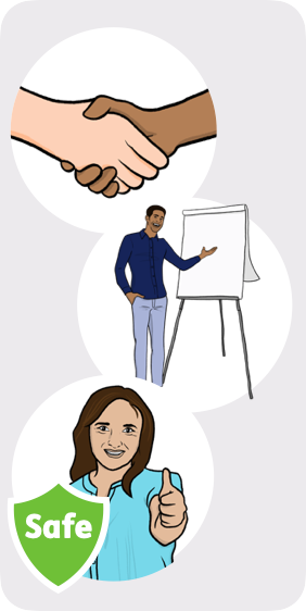 Illustrations showing two hands shaking, a man giving a training and a smiling woman with her thumbs up